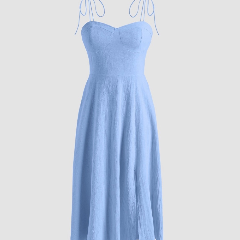 Cider Light Blue Tie Strap Linen Dress